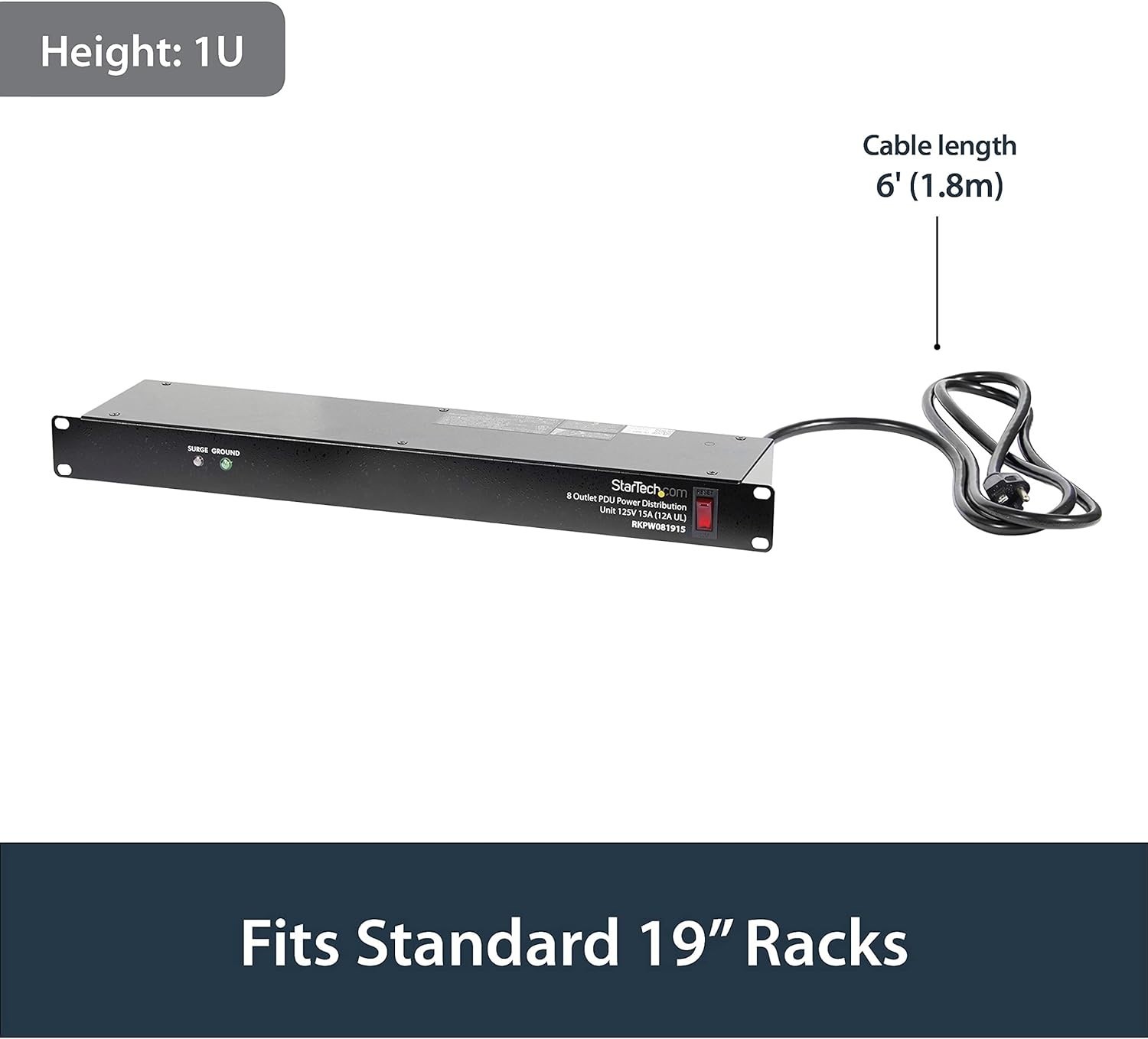 Compact 1U Horizontal Power Strip with Surge Protection for Server Equipment