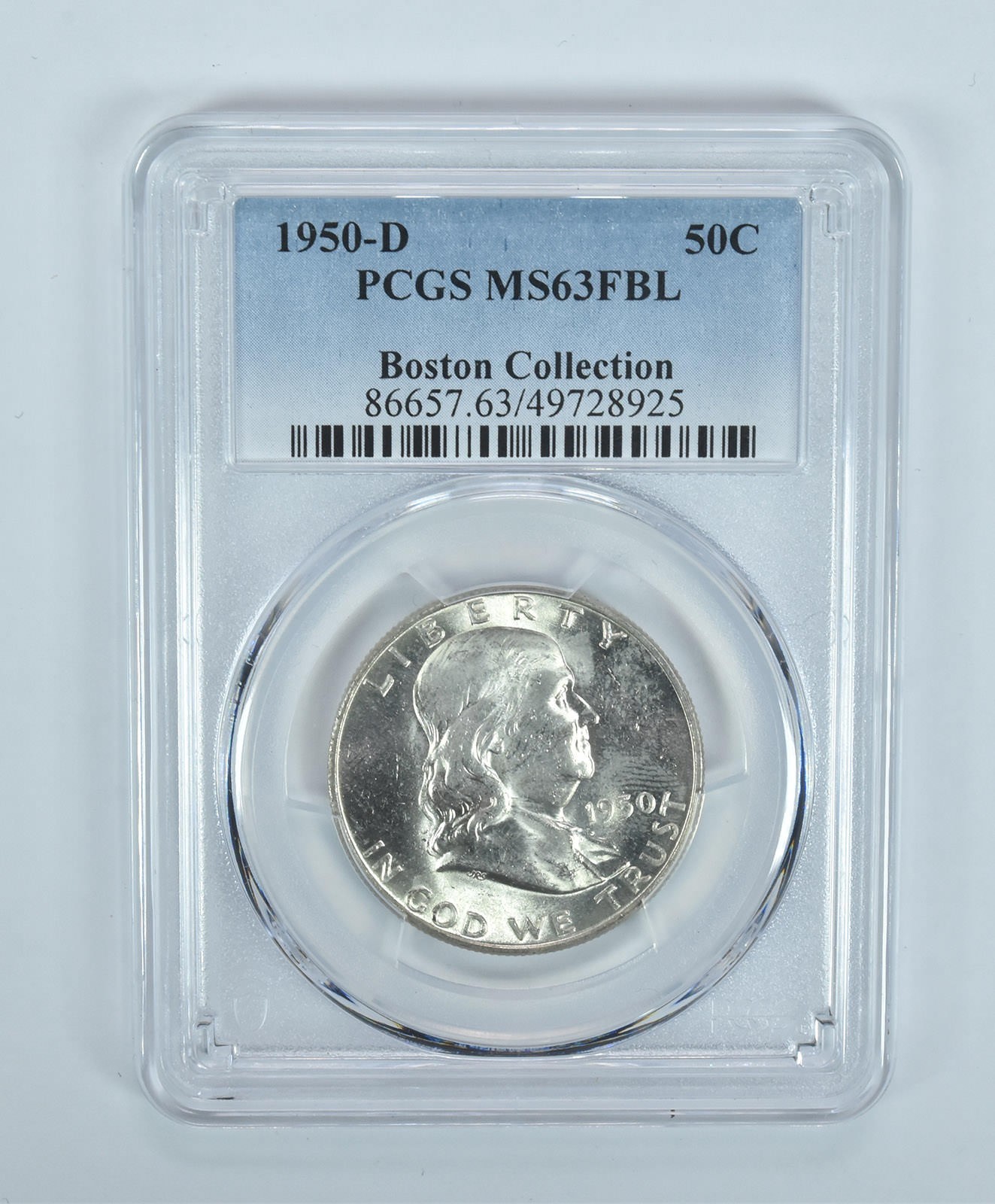 1950-D Franklin Half Dollar Boston Collection MS63 FBL PCGS Blue Label