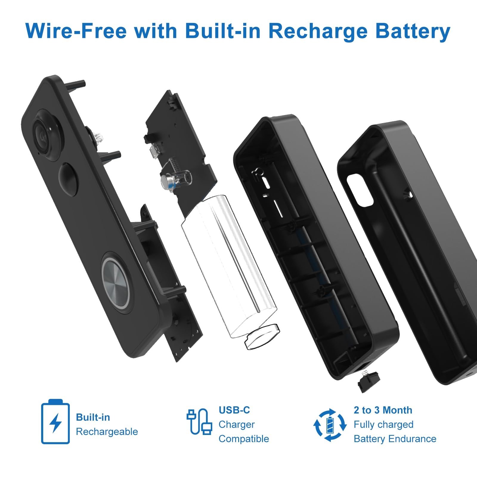 Doorbell Camera Wireless, Head-to-Toe Video - No Subscription Black