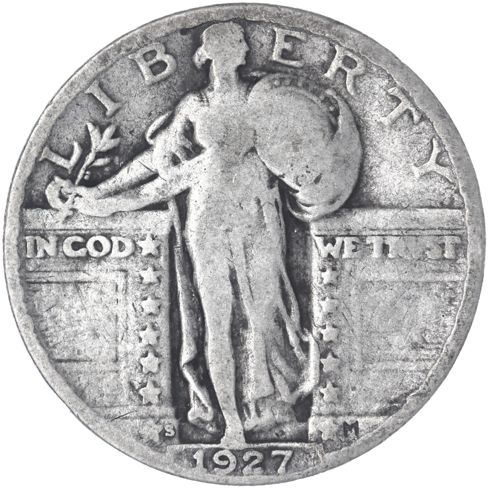 1927 S Standing Liberty Quarter 90% Silver Very Good VG See Pics A477