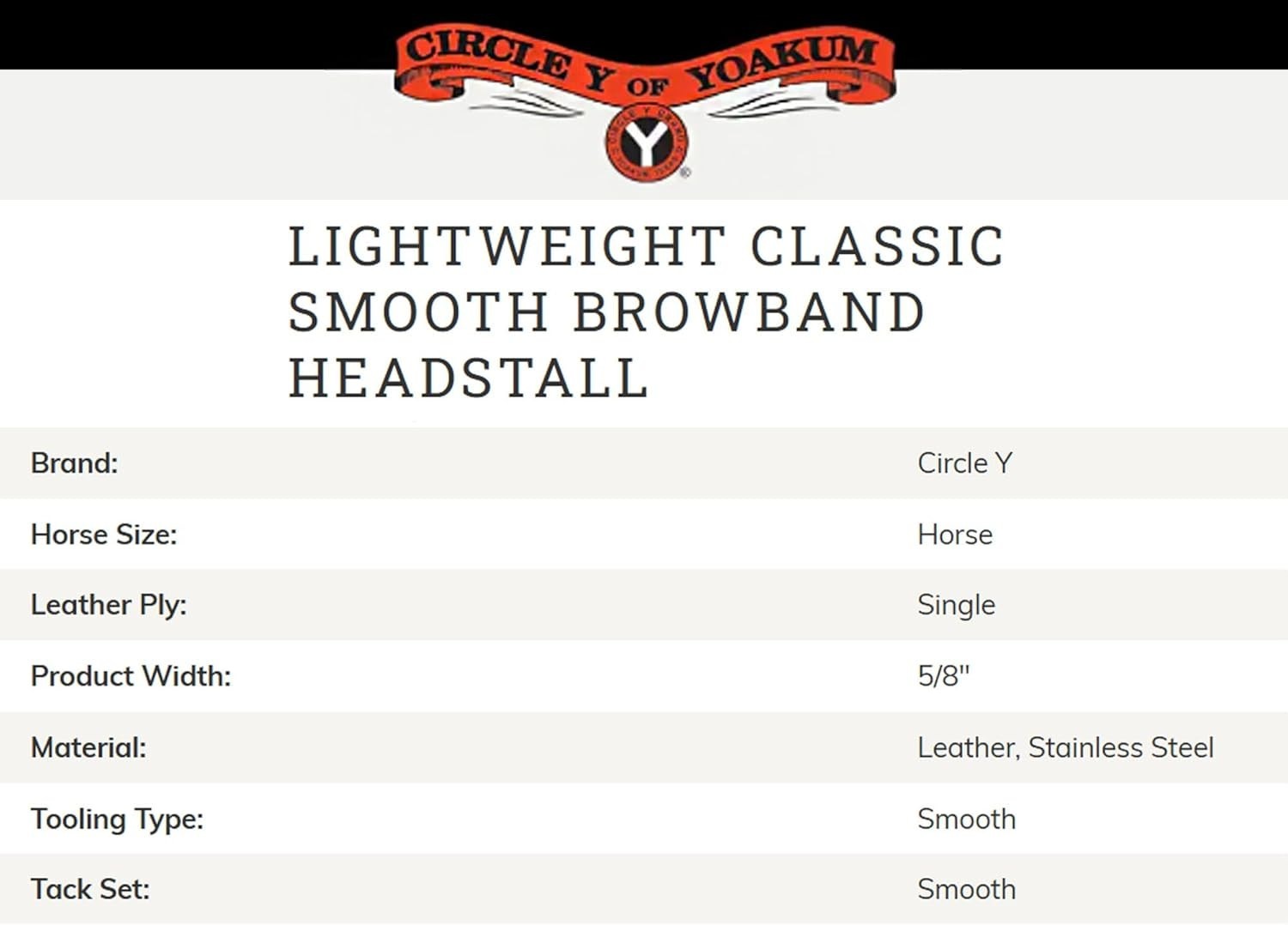 Circle Y Western Lightweight Classic Smooth Browband 5/8" Width Headstall
