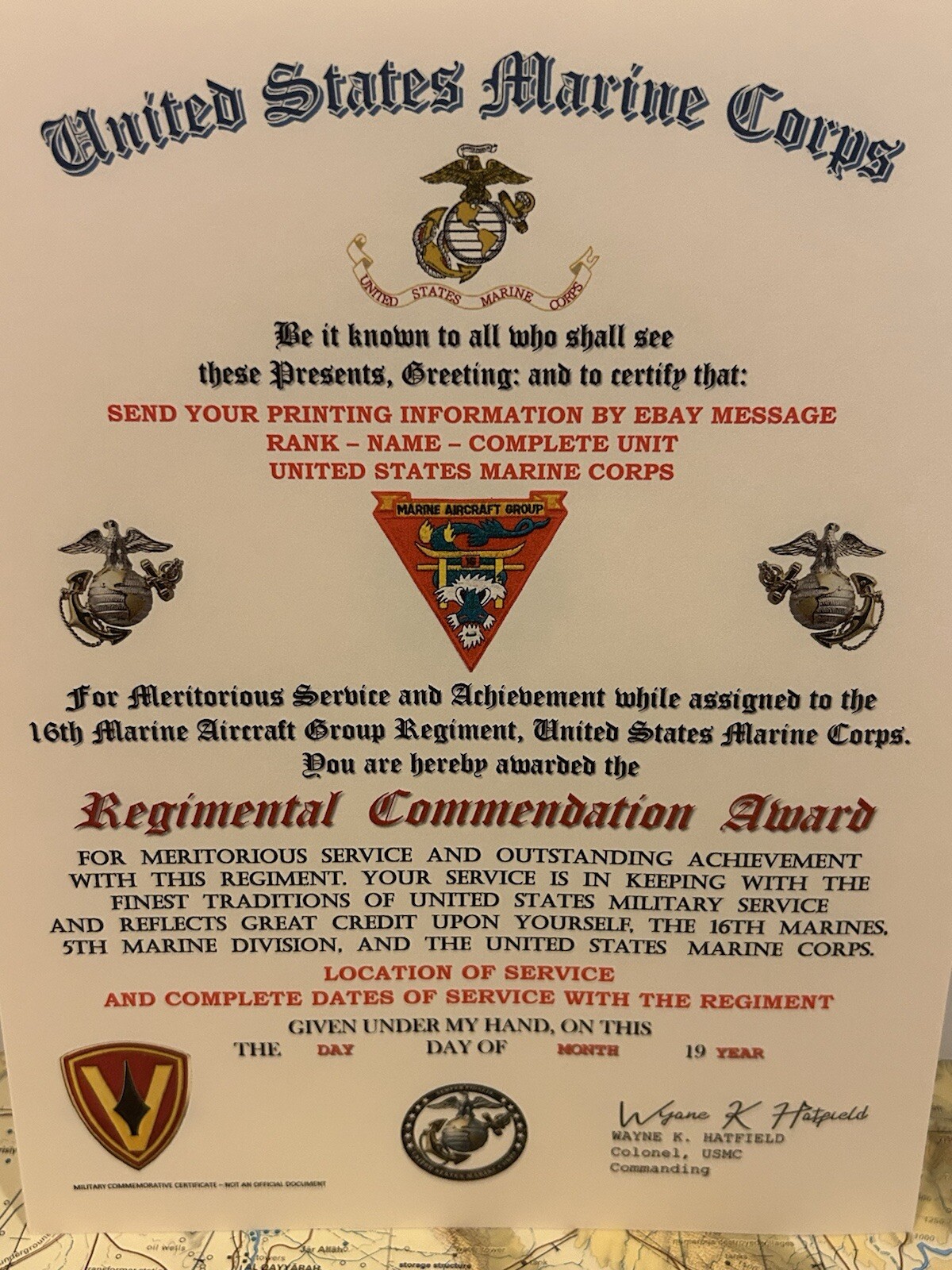 U.S.M.C. / 16TH MARINE AIRCRAFT GROUP- REGIMENTAL COMMENDATION AWARD CERTIFICATE