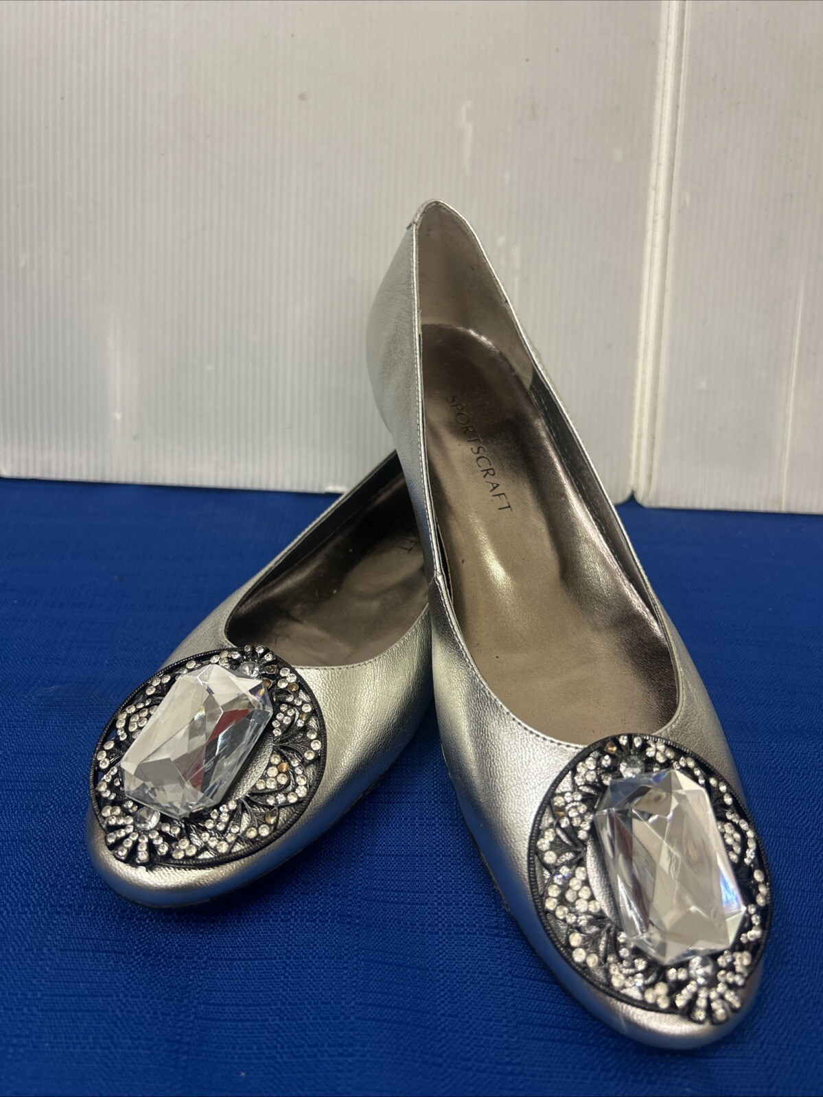 Sportscraft Silver Leather Diamante Slip On Ballet Pumps EU37 NEW