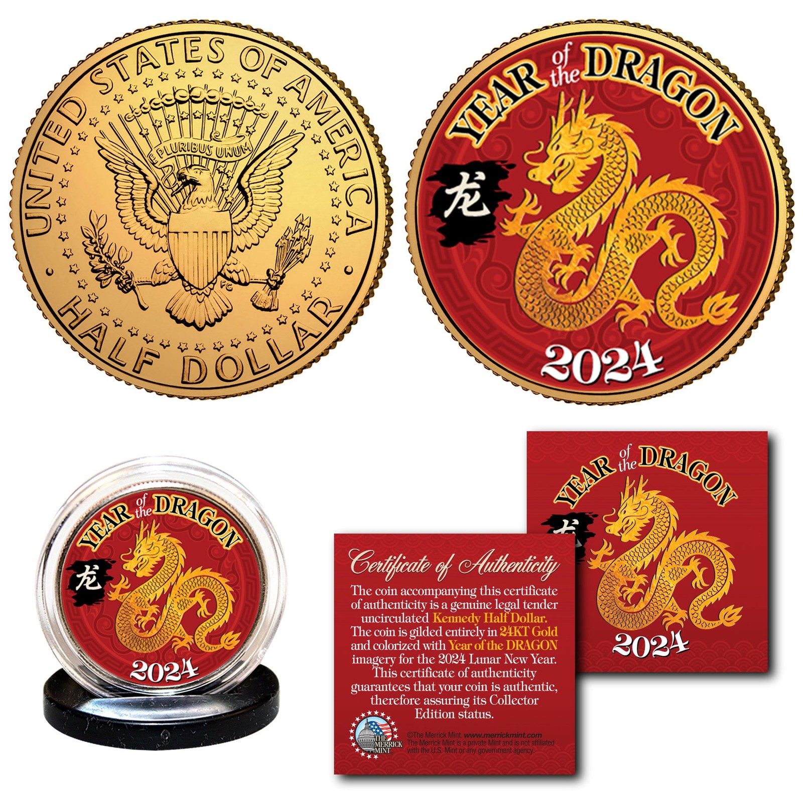 2024 Lunar New YEAR OF THE DRAGON 24K Gold Plated JFK Kennedy Half Dollar Coin