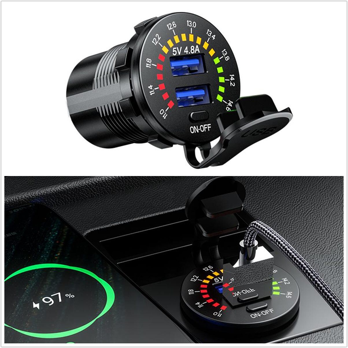 Dual USB Phone Charger Car Cigarette Lighter Socket Power Outlet LED Voltmeter