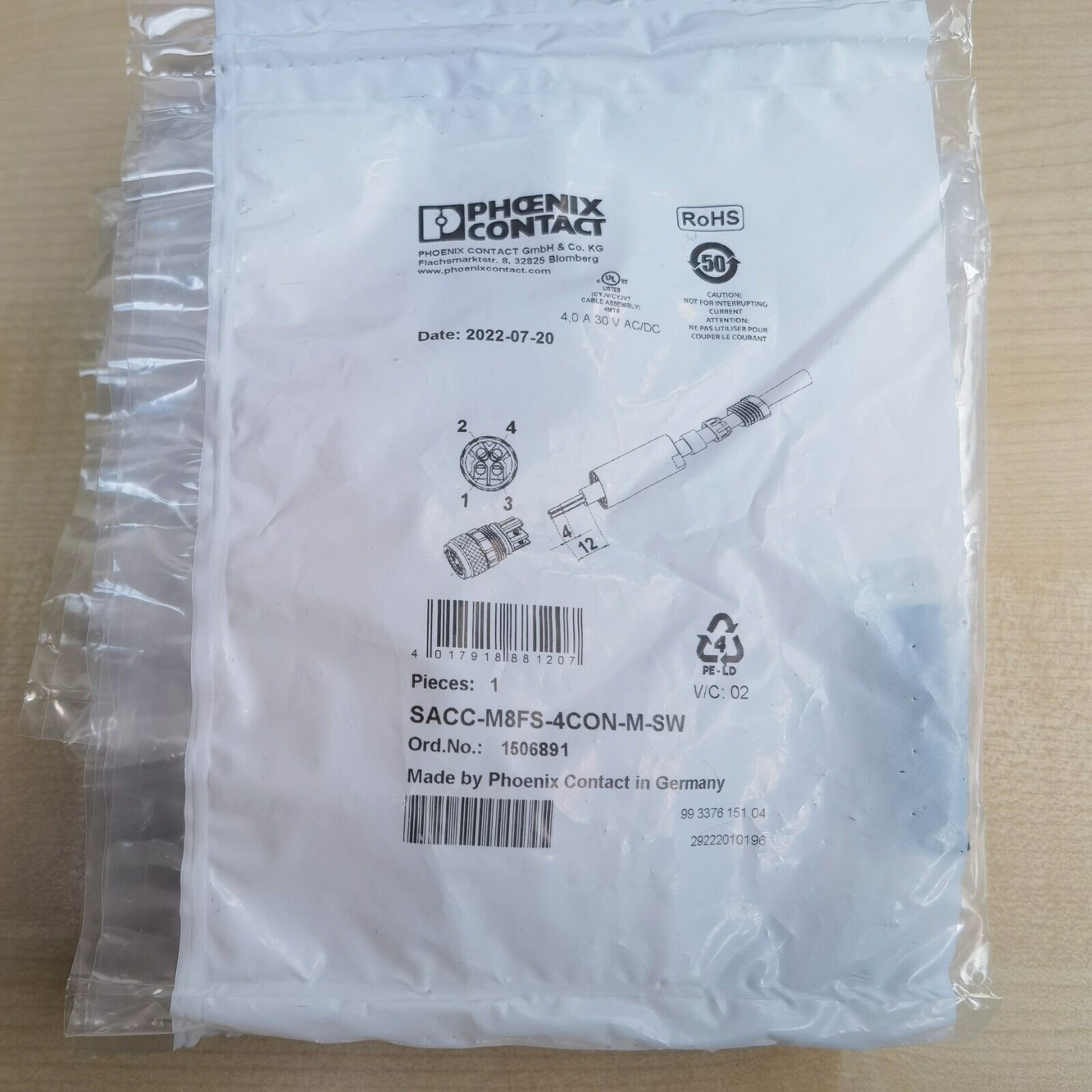 FOR Phoenix Contact Sensor connector plug 1506891 SACC-M 8FS-4CON-M-SW