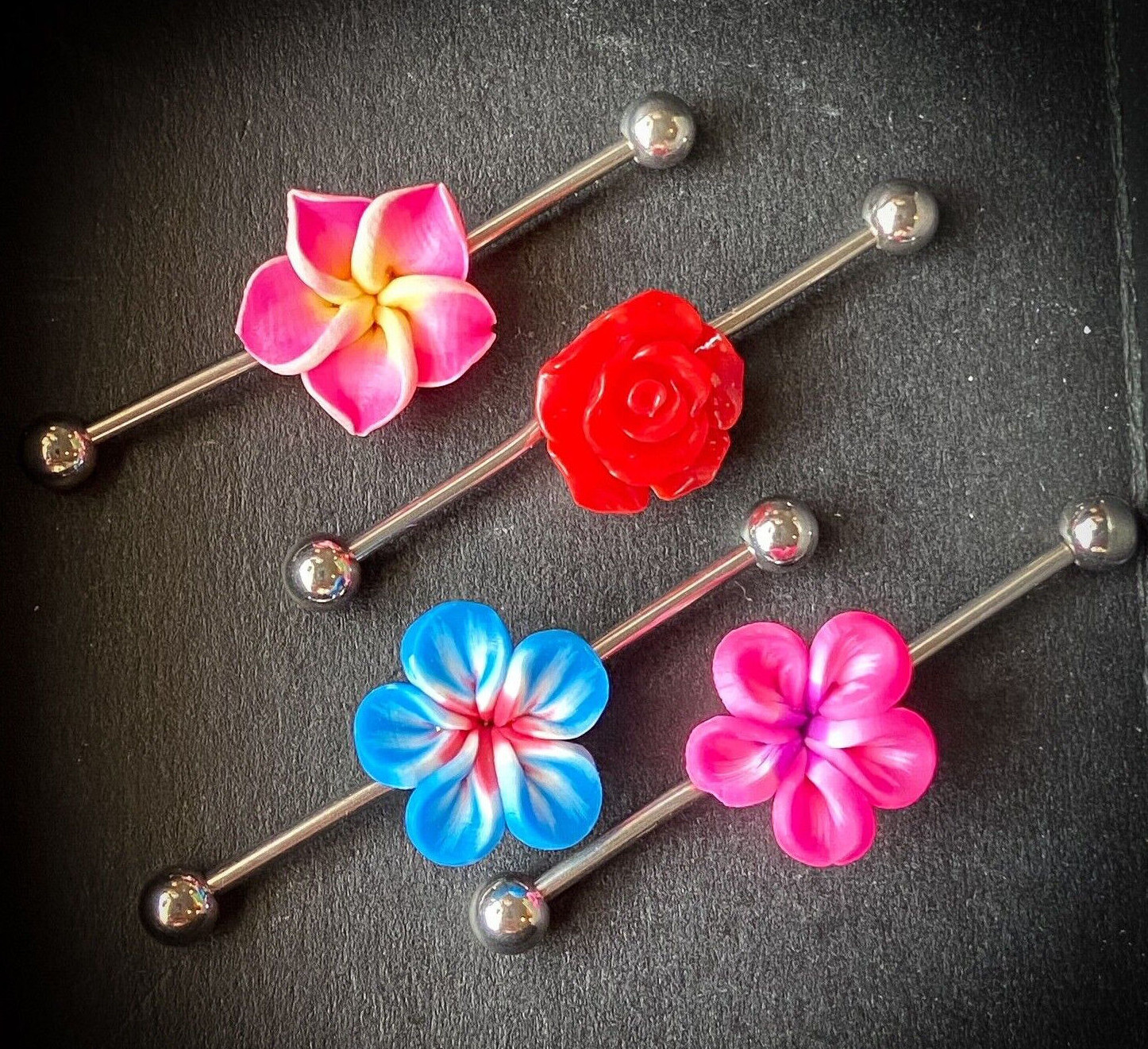 1pc Steel Industrial Barbell with 3-D Flower 1.5" 38mm Body Jewelry 1&1/2"