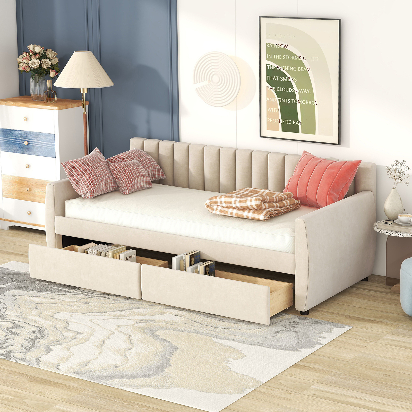 Modern Twin Size Fabric Upholstered Daybed Sofa Bed Frame Wooden Slatted Beige