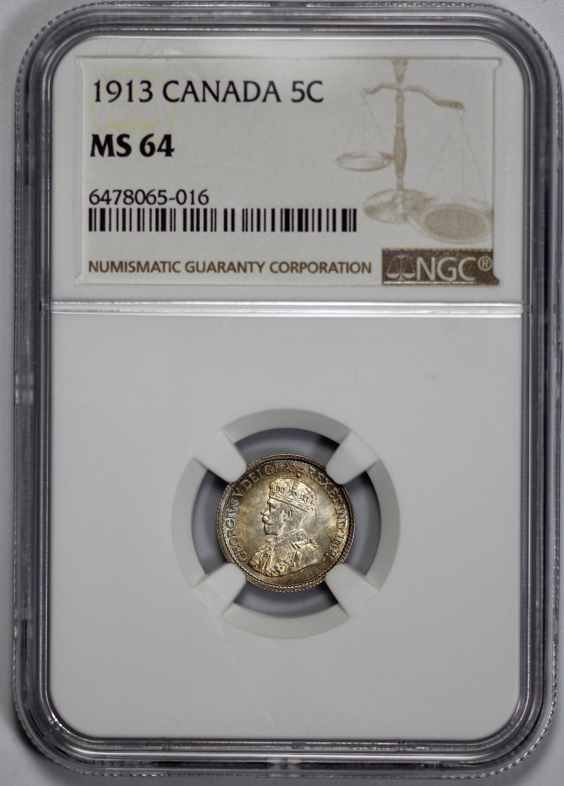 1913 Canada Silver 5 Cents NGC MS 64 Toned