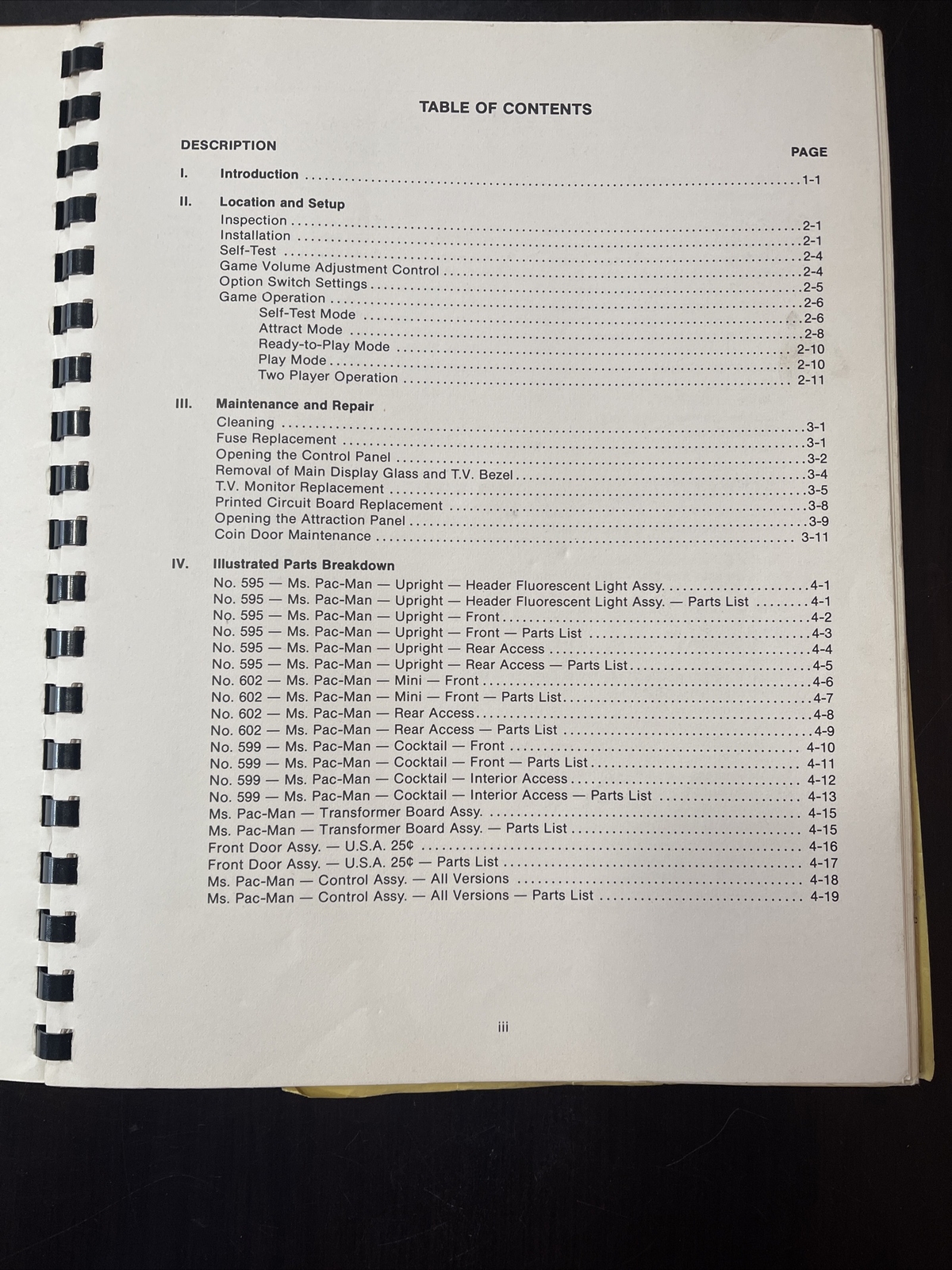 Midway’s Ms. Pac-Man Parts and Operating Manual Original