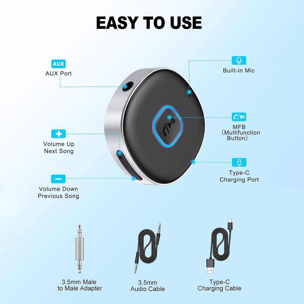 Aux to Bluetooth 5.1 Adapter 3.5mm Bluetooth Receiver Microphone for Car US SHIP