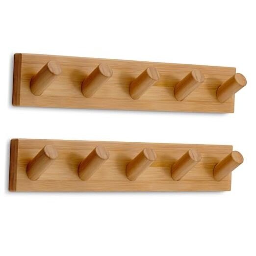 Wall Mounted Coat Rack with 5 Heavy-Duty 1" 5 Hooks XL (2-Pack) Bamboo