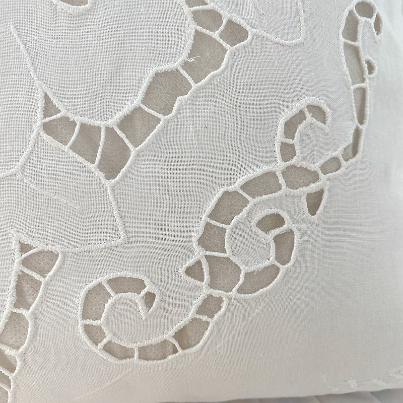 Elegant White Flower Embroidery Hand Hemstitch Wide Frill Cotton Cushion Cover