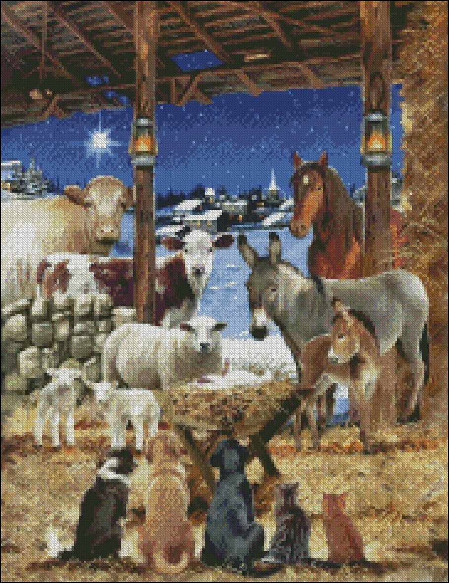 Animals in Manger - Counted Cross Stitch Patterns - Color & BW Symbols