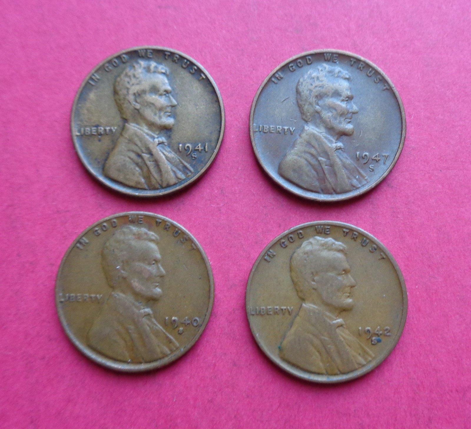 1940-S, 1941-S, 1942-S & 1947-S  LOT OF 4  LINCOLN WHEAT  CENTS/NICE