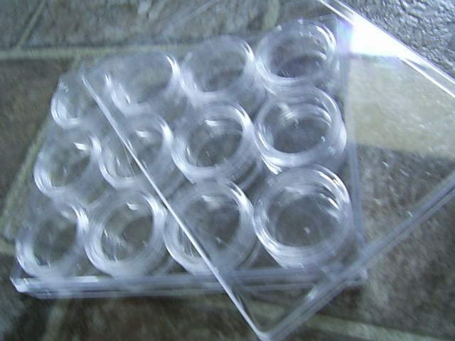 12 clear plastic screw top containers 1+in x3/4 in 5"x4 outer box