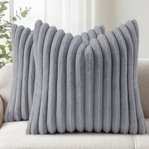 Faux Fur Couch Throw Pillow Covers 18x18 Set of 2, 18" x 18" (Pack of 2) Grey
