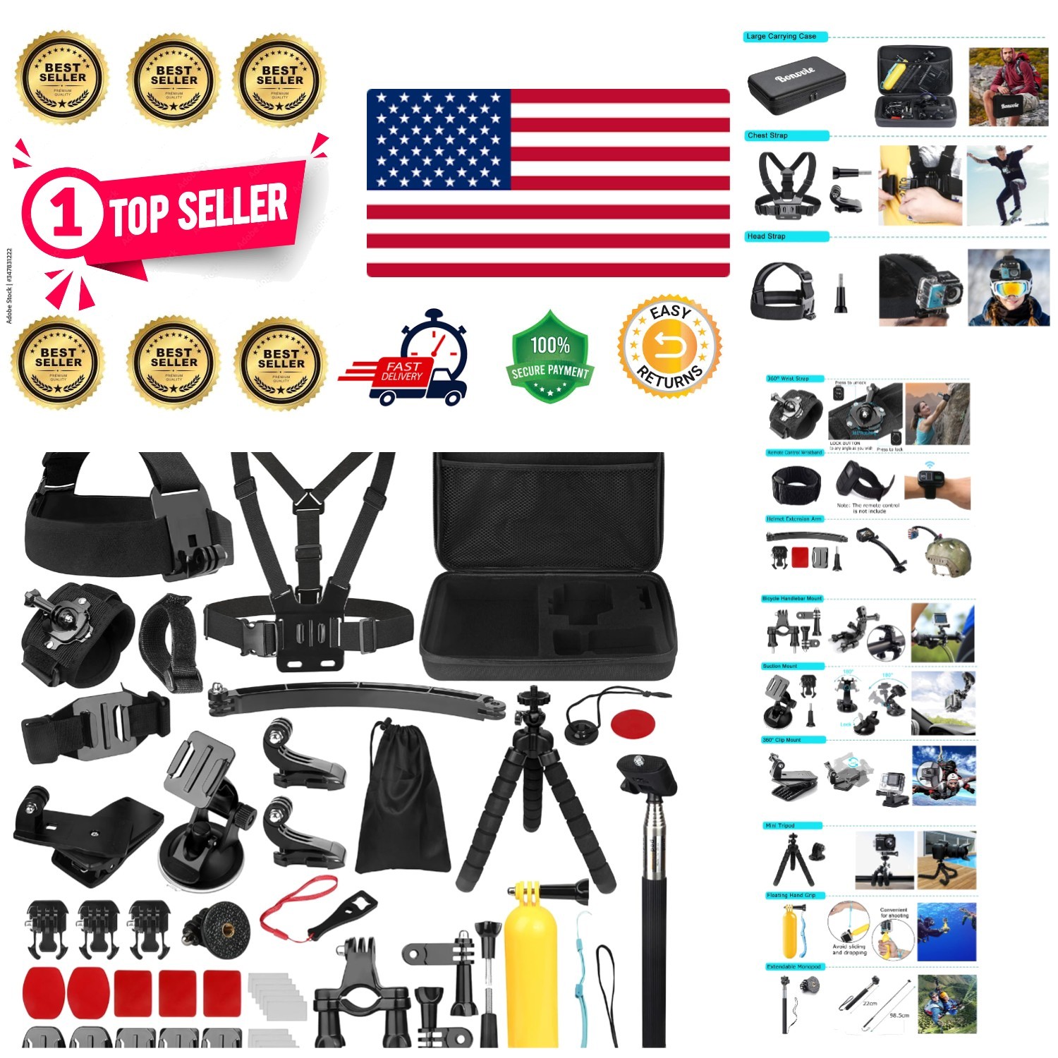 Complete Action Camera Accessory Kit for GoPro, SJ Series, and More - 50 Pieces
