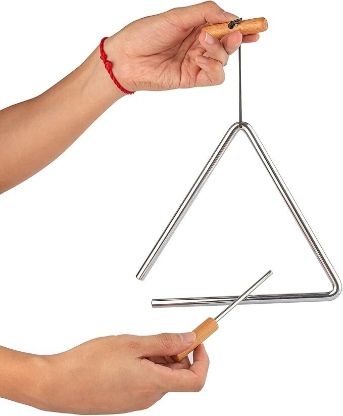 Instrumento musical de percusión manual triangular con percutor, Rhythm Steel.
