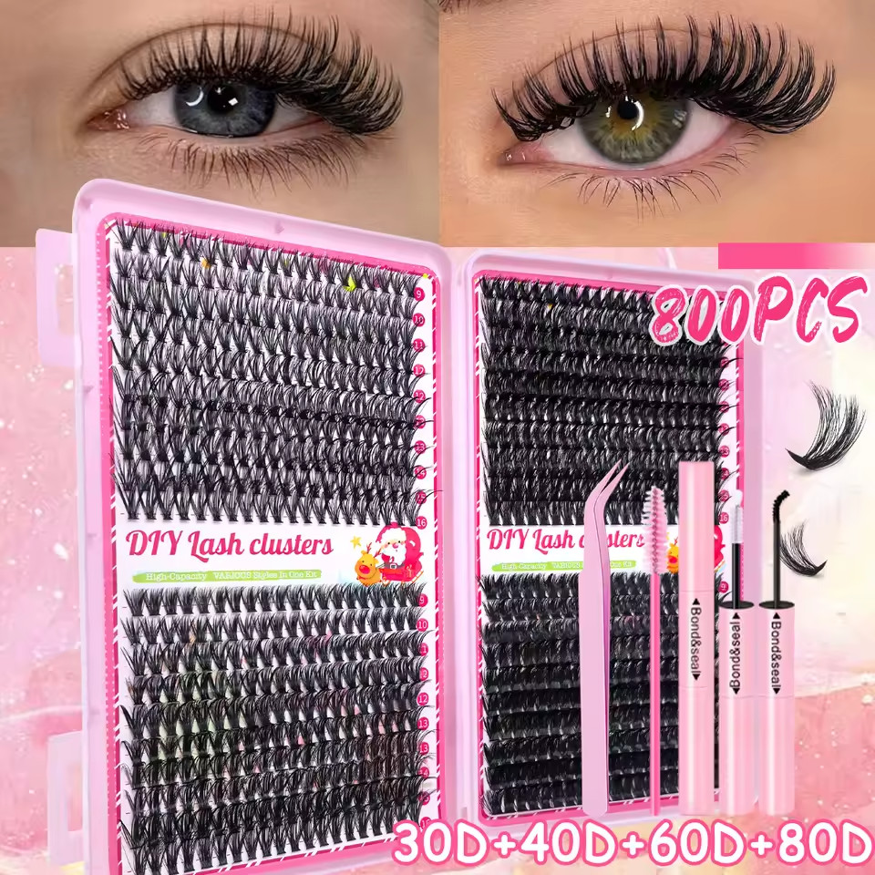 800Pcs 30406080D Cluster Lashes Extension Kit 9-16mm Natural Cat Eye DIY