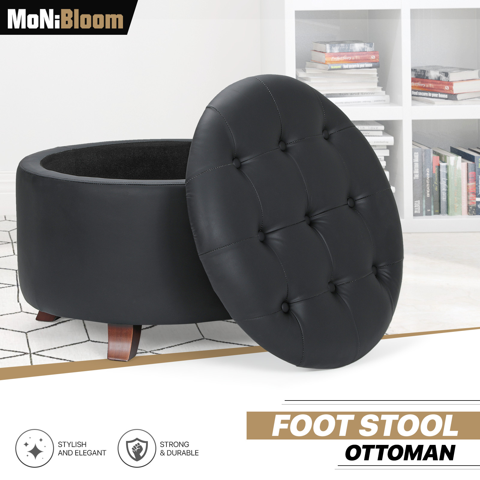 17" Round Storage Ottoman Classic PU Leather Lift Top Footstool Wood Legs Black