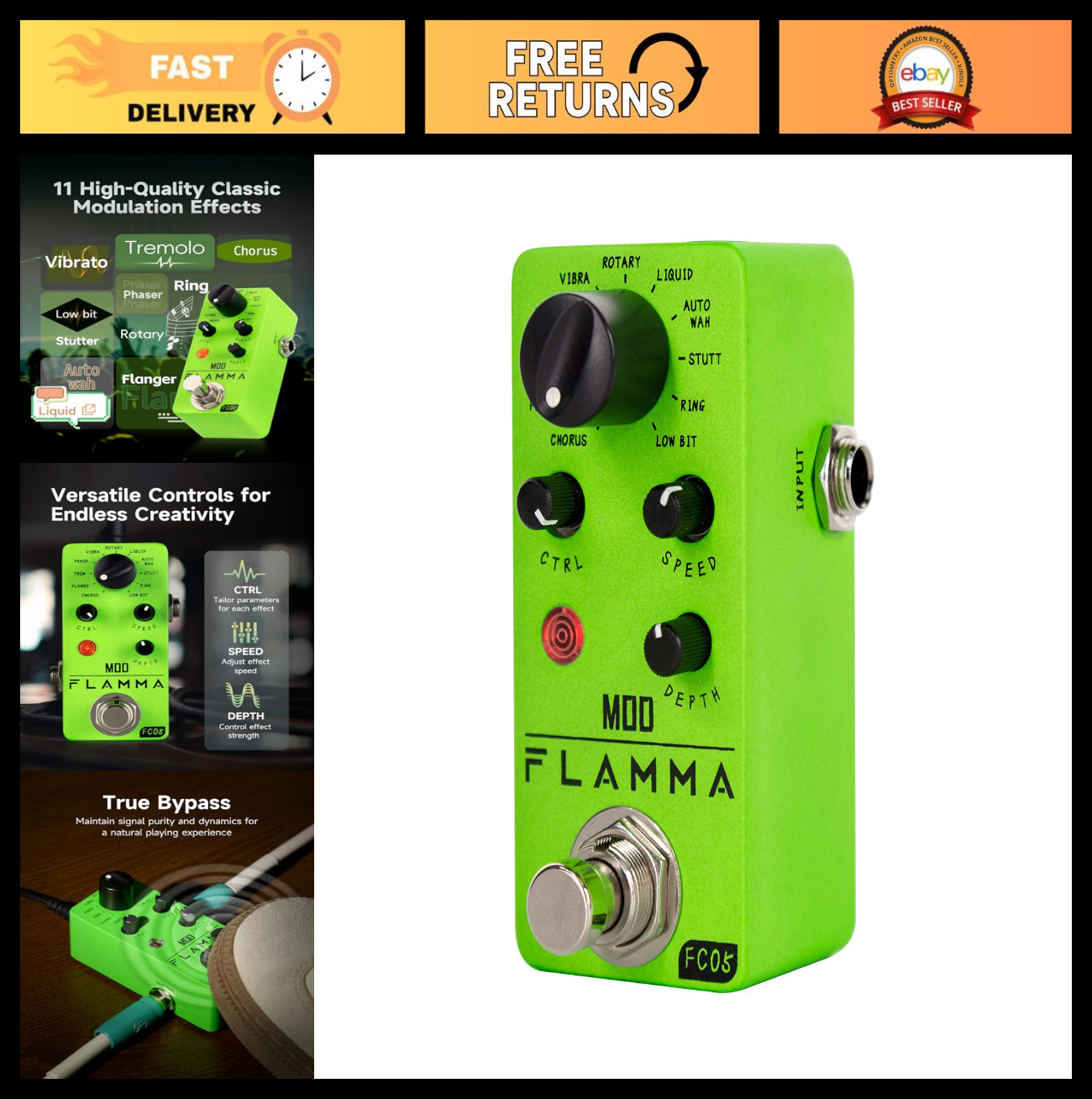 Mini Modulation Effects Pedal - Chorus, Flanger, Tremolo, Phaser, Vibrato, Autow
