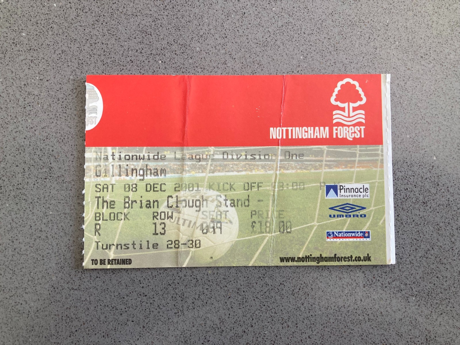 Nottingham Forest v Gillingham 2001-02 Match Ticket