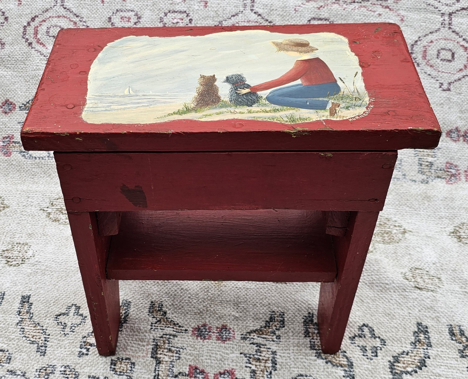 Handmade Vintage Step Stool, Child's Seat, Wooden Painted Bench, Primitive Chair
