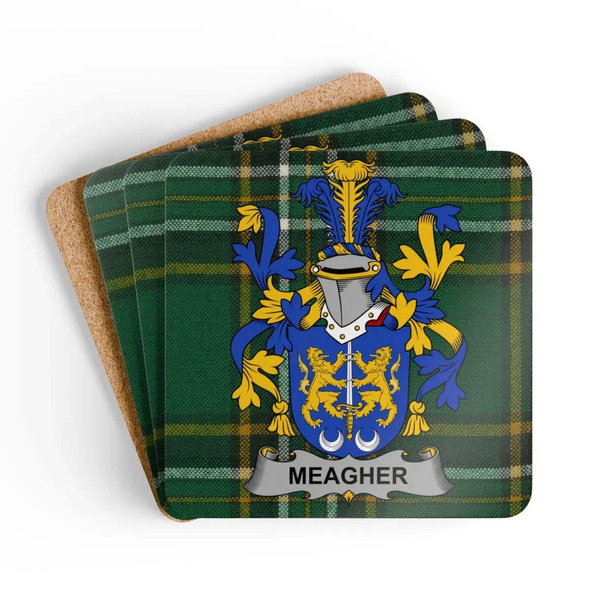 Meagher Irish Family Crest Tartan Coaster Set