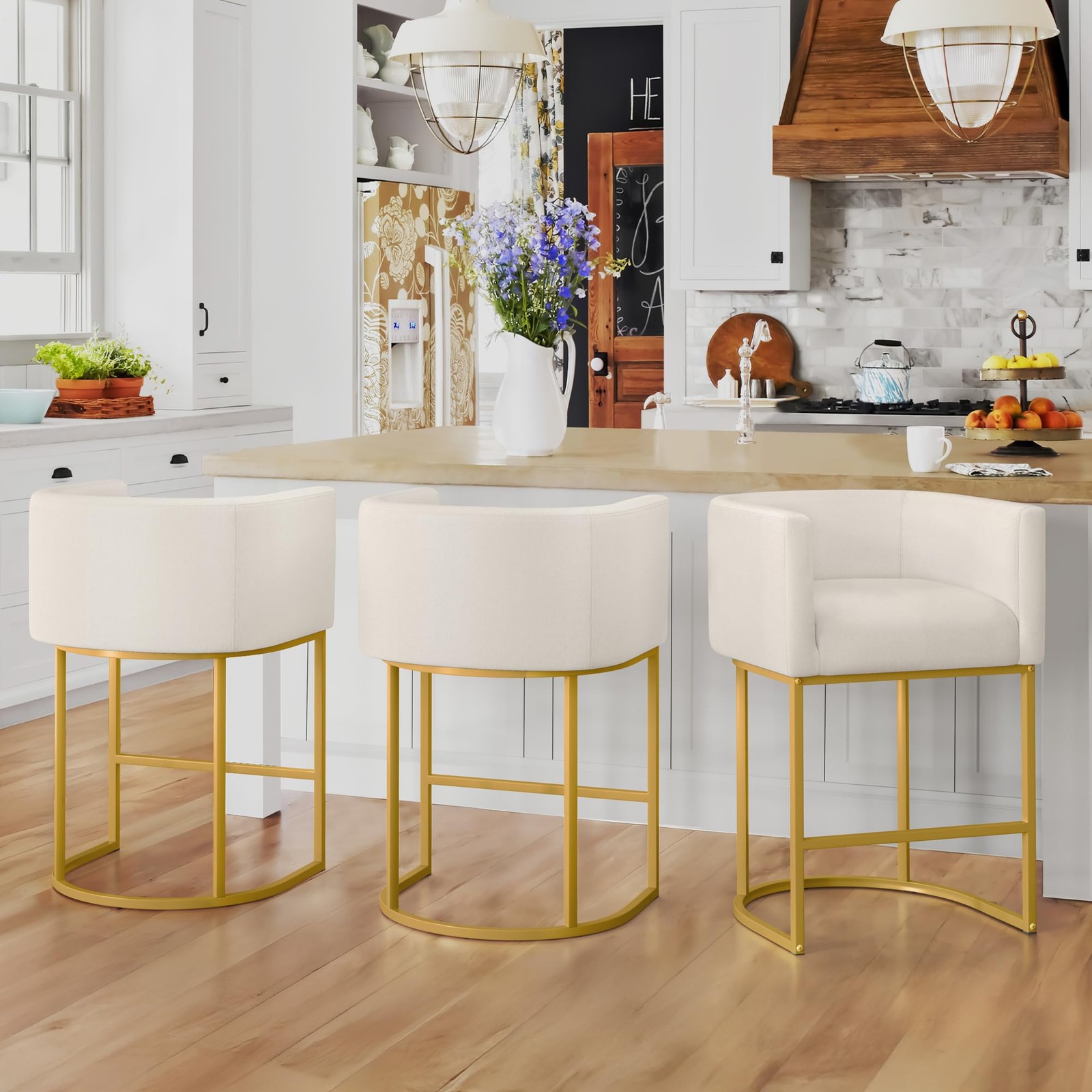 LUE BONA COUNTER HEIGHT BAR STOOL 27" H MODERN BAR BARREL BACKREST 1PC - GOLD