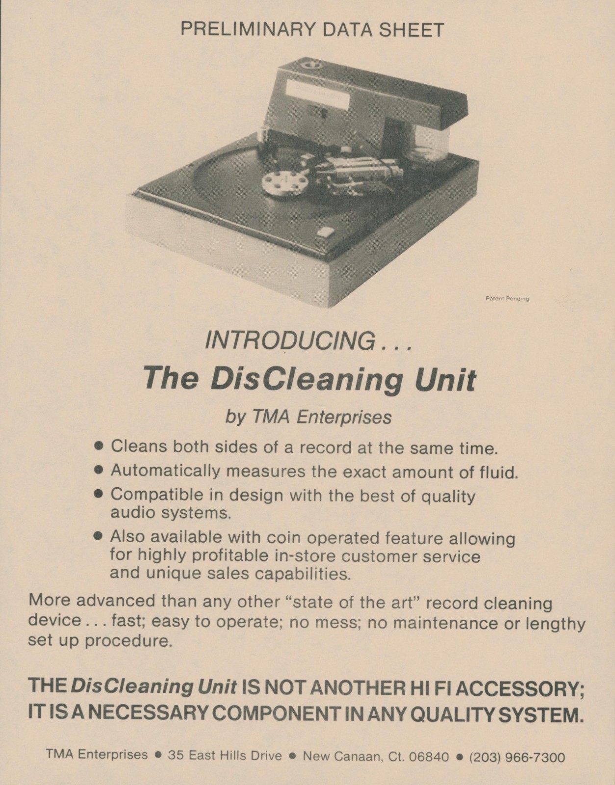 1979 TMA Enterprises DisCleaning Unit Record Album Cleaner HiFi Dealer Brochure