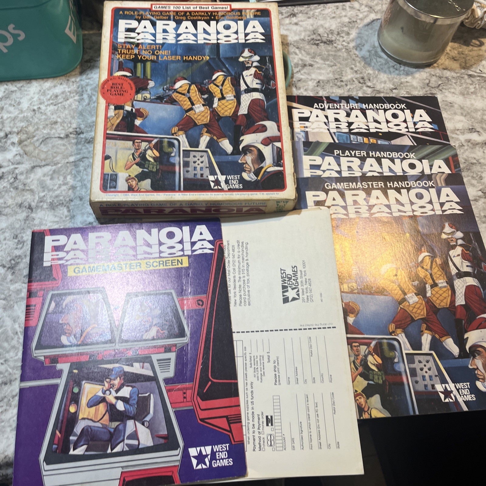 PARANOIA BOX SET 1ST WEST END GAMES ROLEPLAYING GAME 1984 JIM HOLLOWAY NO DICE