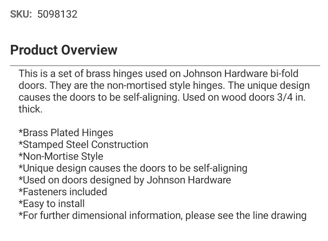 1 Pack (2) Johnson Hardware Dull Brass Bi-Fold Door Mounting Hinges