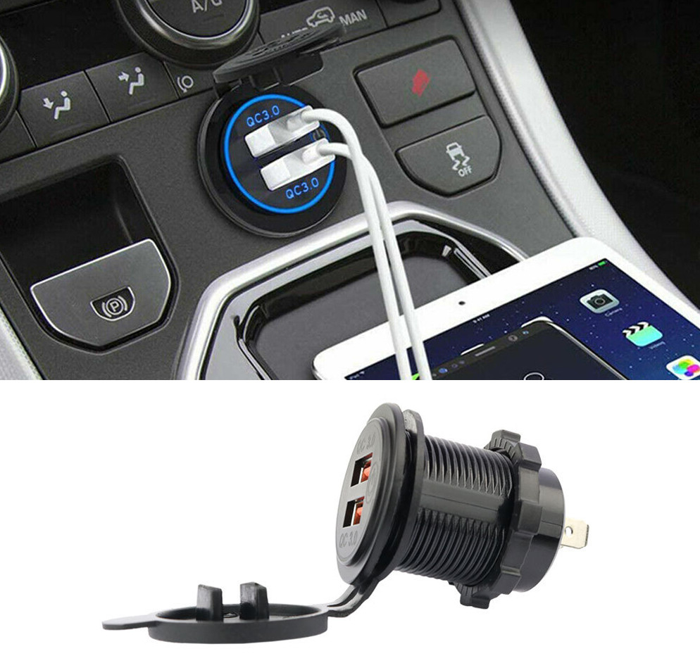 Blue Quick Charge 3.0 Dual USB Car Charger Socket with Touch Switch 12V/24V 36W