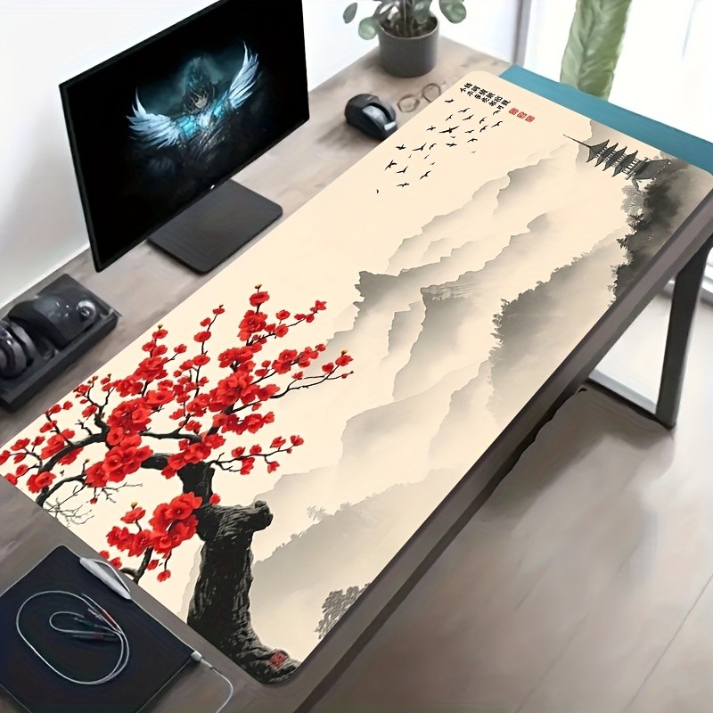 A Large Electronic Sports Gaming Mouse Pad Featuring a Red Plum Blossom Landsca