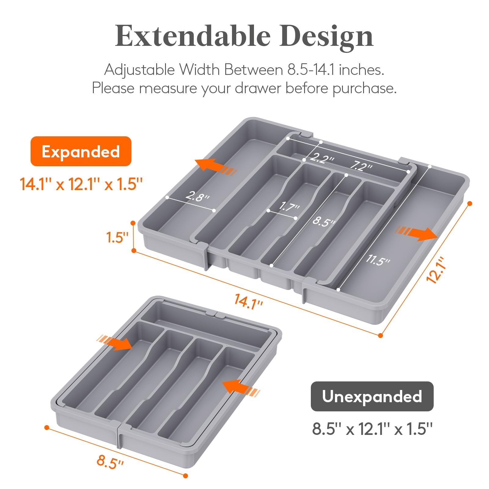 Lifewit Silverware Drawer Organizer, Medium (8.5-14''W x 12''D), Gray