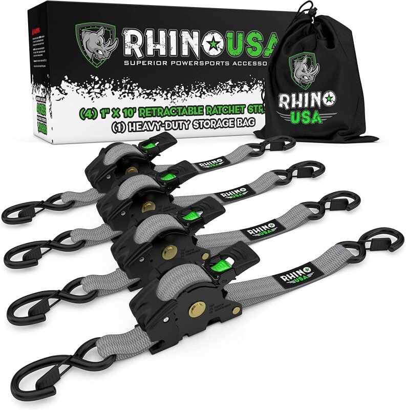 Rhino USA Retractable Ratchet Straps 4-Pack 1 Inch For x 10 Ft Gray - Heavy Duty