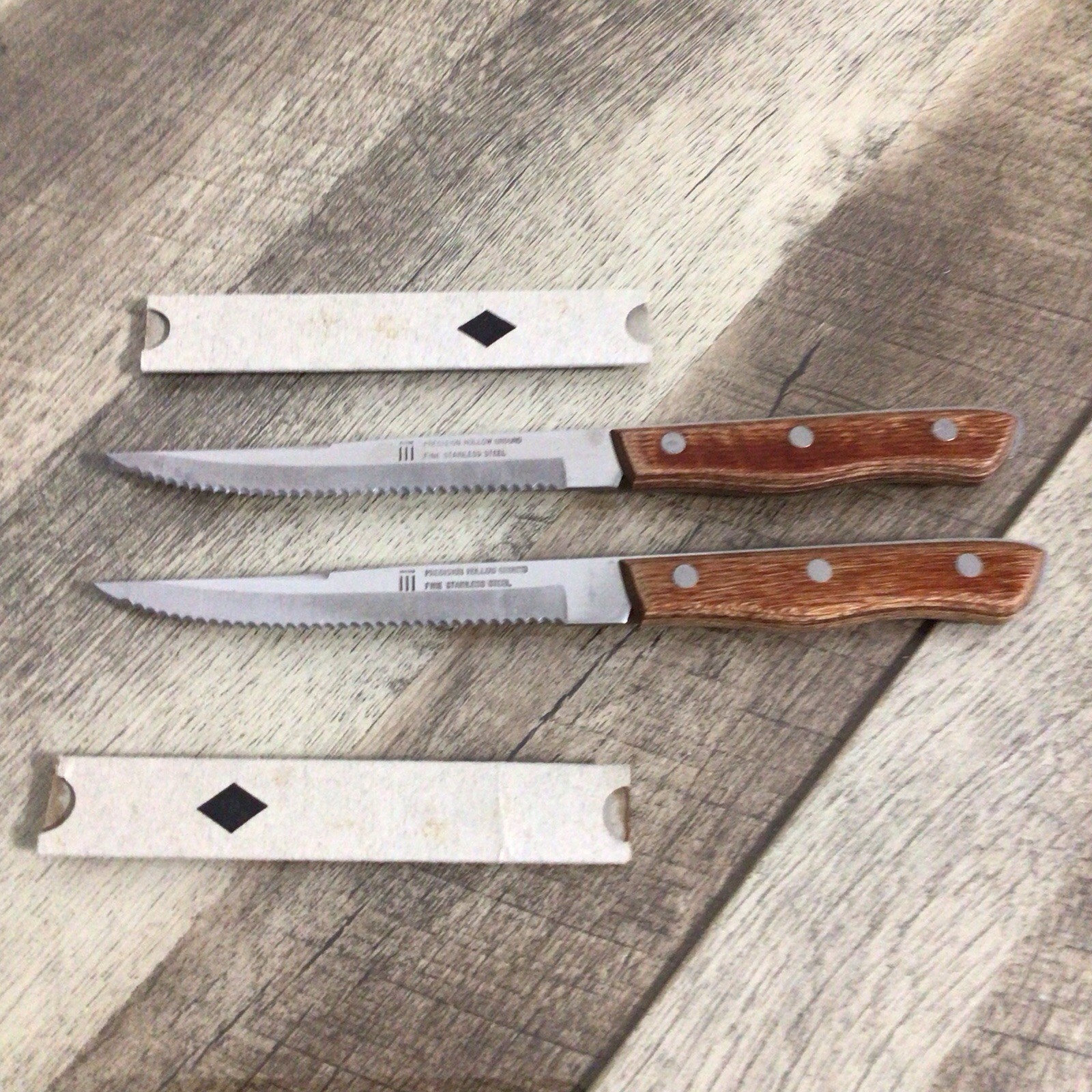 Vintage Japan Stainless Steak Knife Set of 2 Wood Handles Hollow Ground
