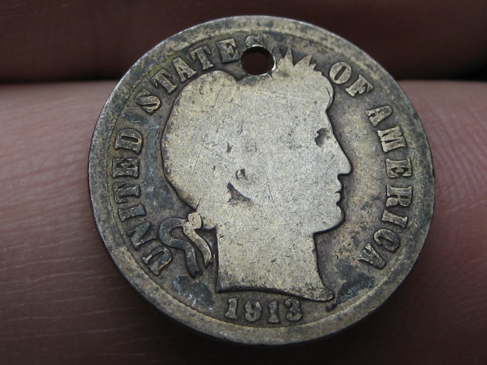 1913 P or S Silver Barber Dime- About Good Details, Holed for Necklace