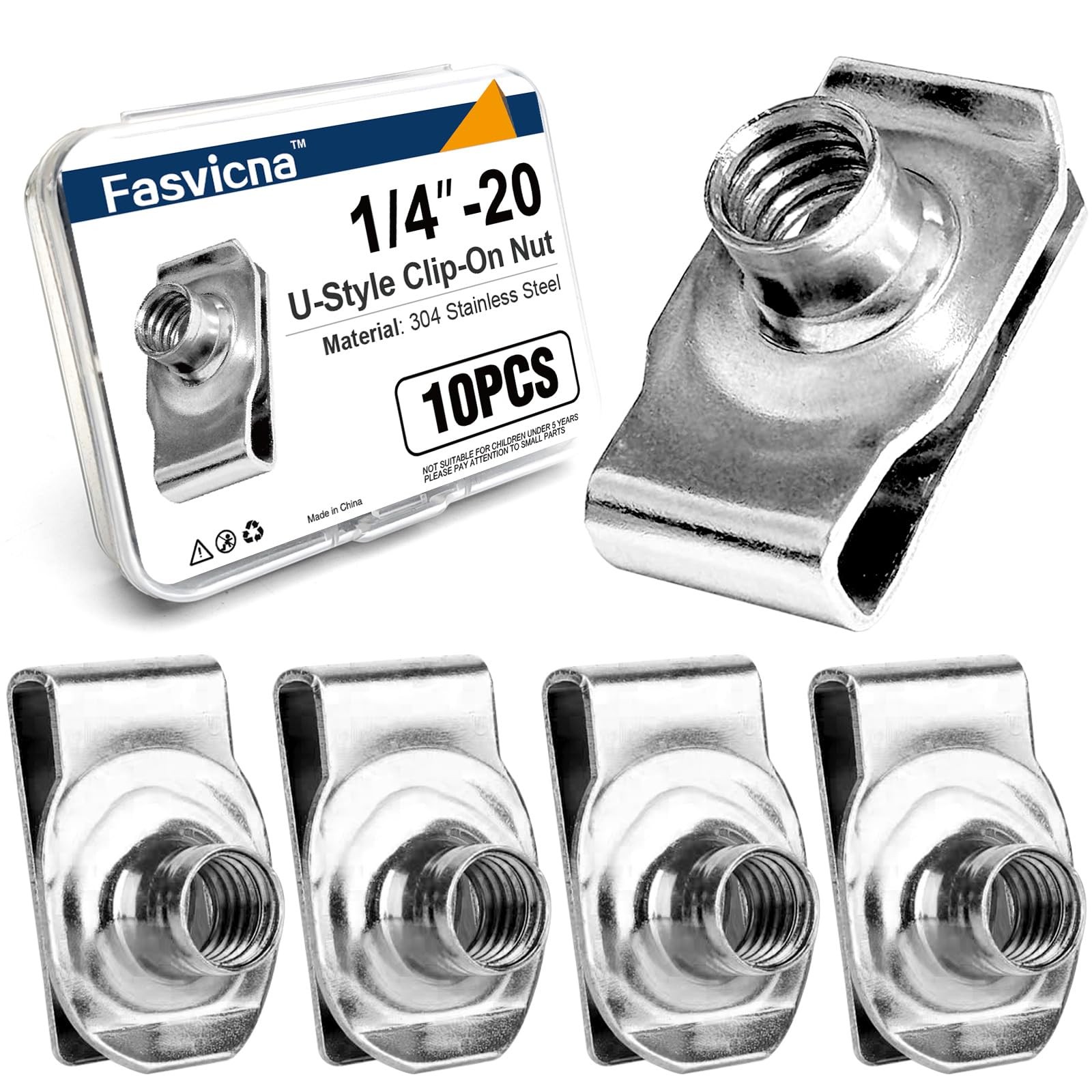 1/4"-20 U Clip Nuts, 304 Stainless Steel Extruded Clip-On U Nuts for Automotive