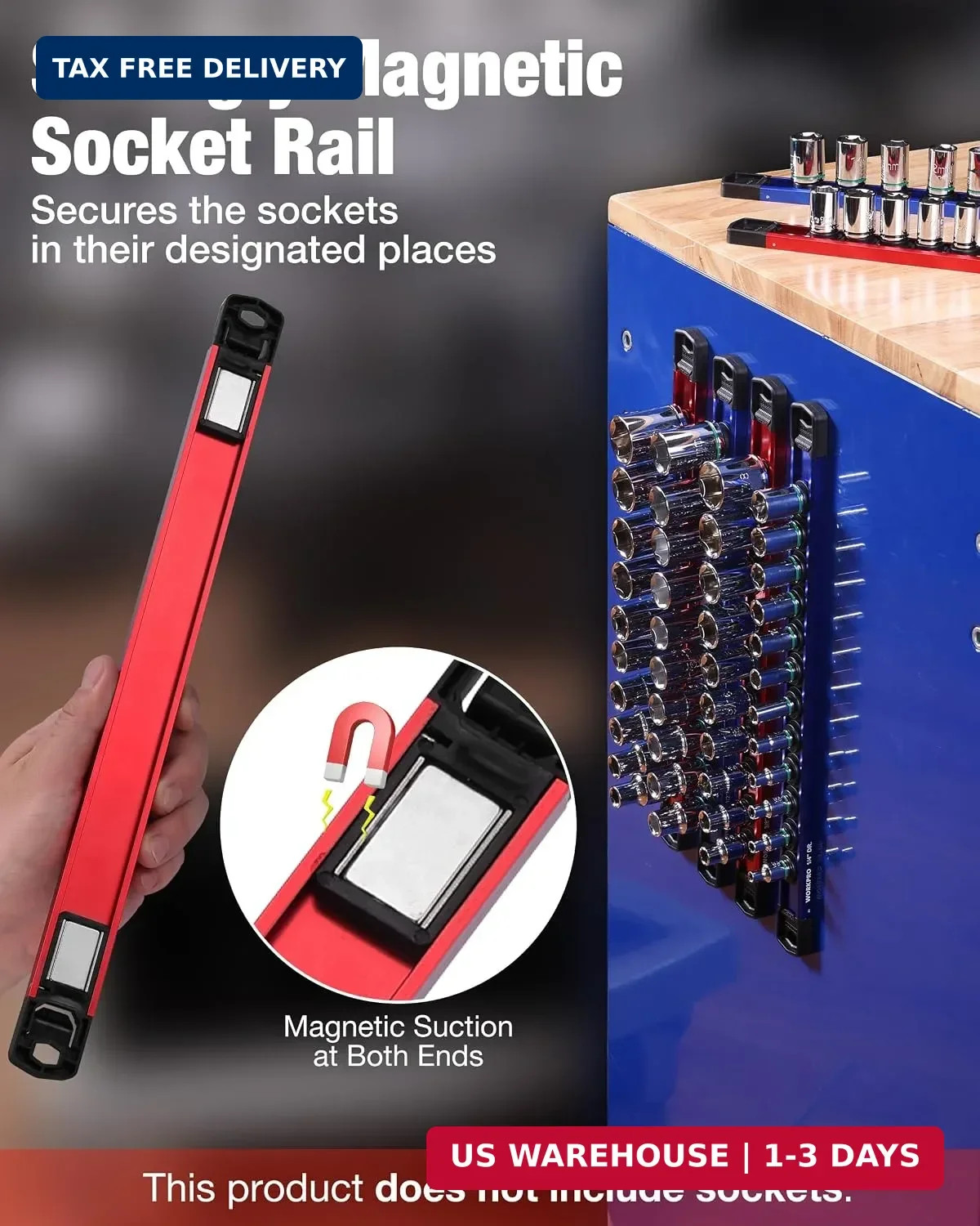 WORKPRO Magnetic Socket Organizer, 3/8" Adjustable Push-Button Socket Rail | 1 P