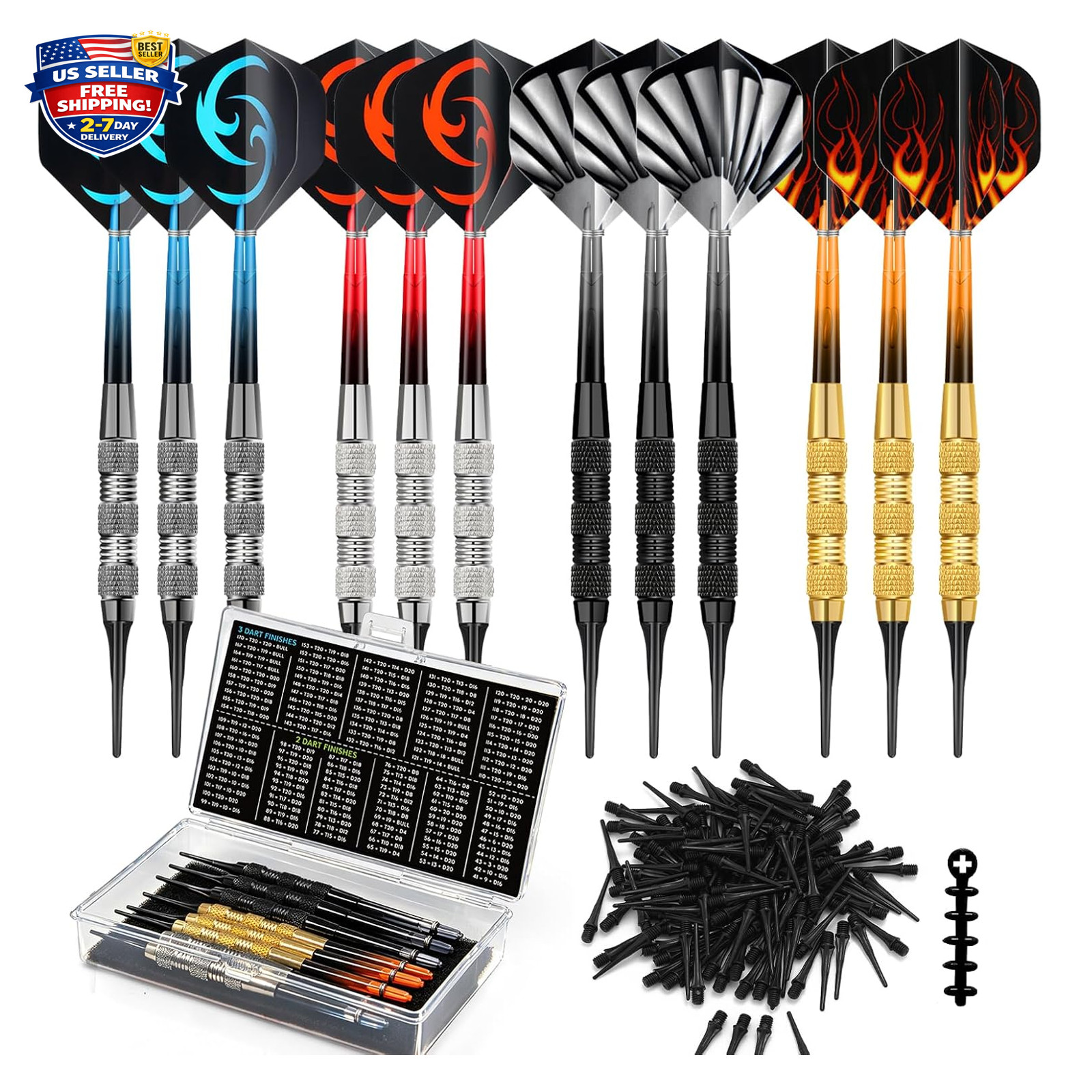 12 Pack Soft Tip Darts Set 17g with Flights Case Wrench Extra Tips for