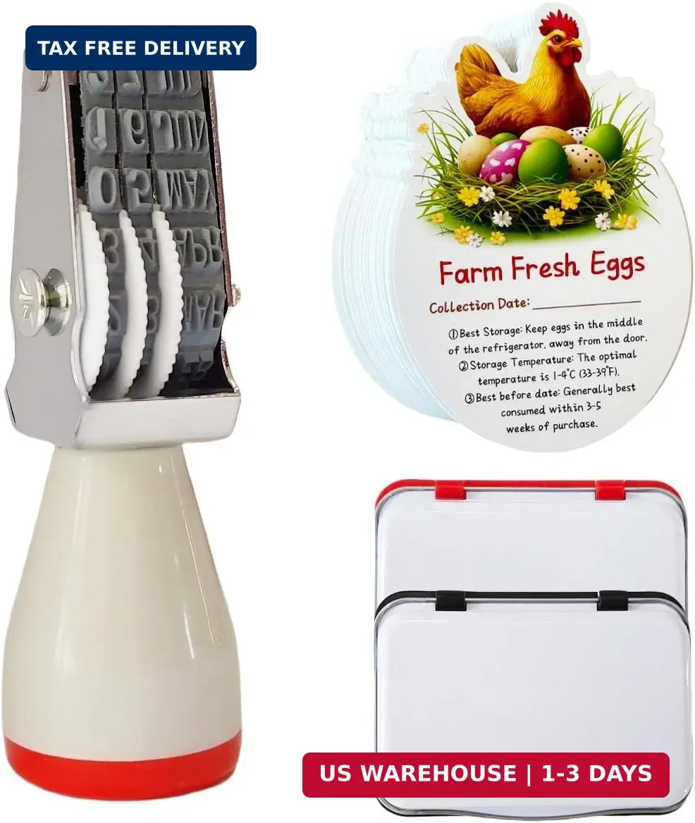 Egg Dater Kit, Date Stamp, 2 Fade-Resistant Inks (Red & Black), Stamper Pad, 50
