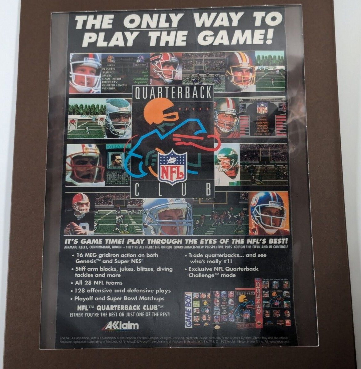 Vintage Framed Laminated NFL Quarterback Club Ad 1993 Sega SNES Football Game