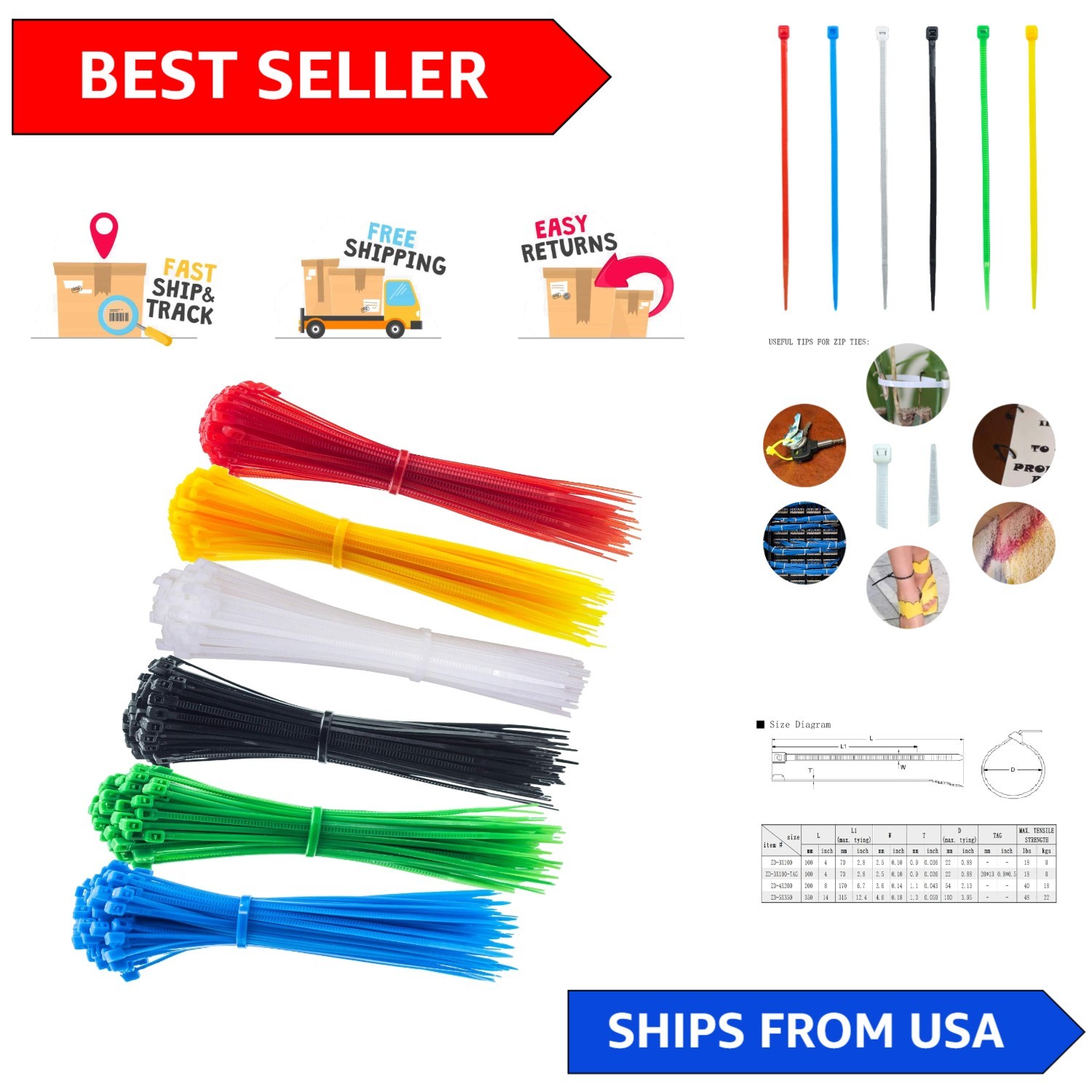 8-Inch Nylon Zip Ties - 120 Pack in 6 Vibrant Colors for Versatile Use
