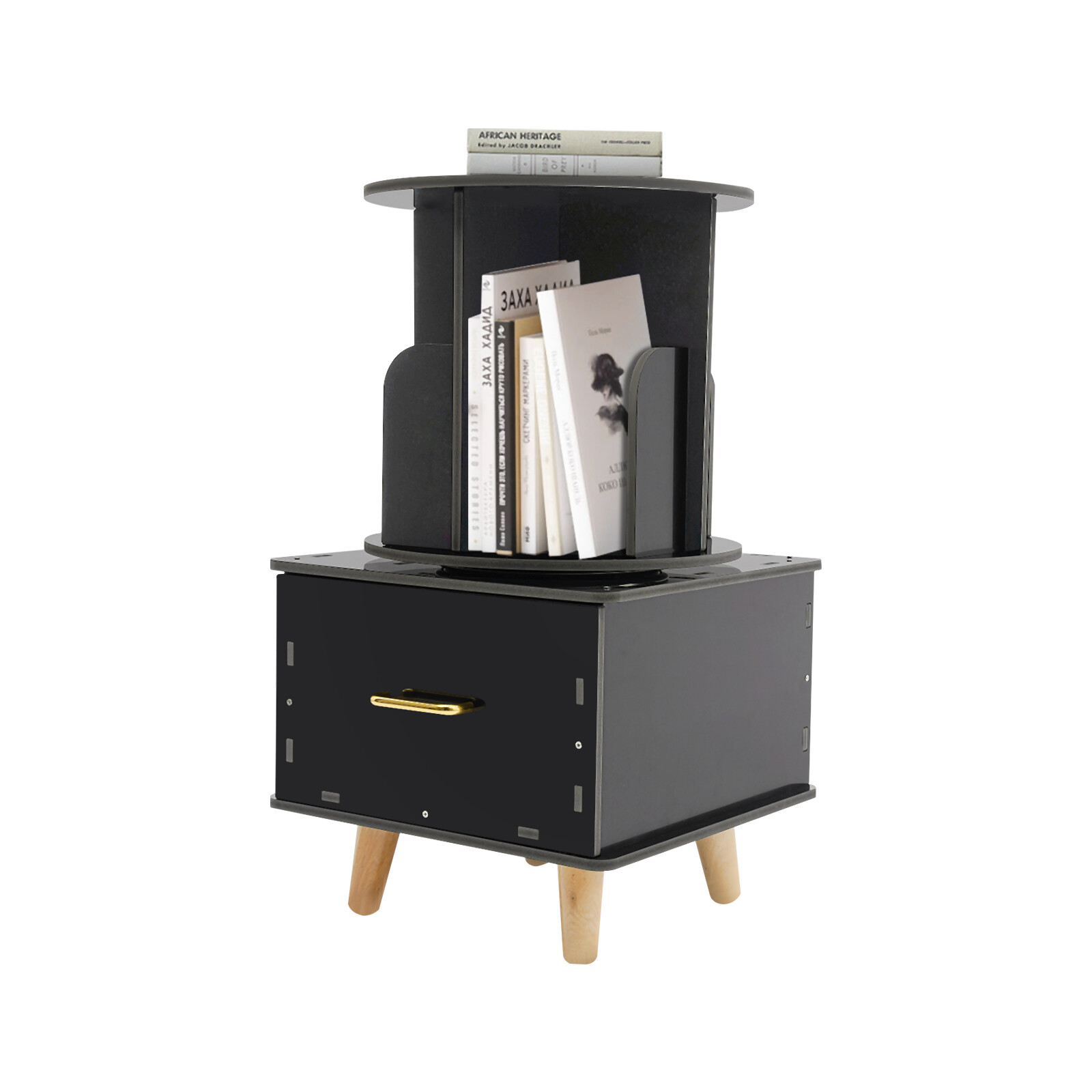 Modern Bedside Table with Drawer Corner High End Table Black Rotating Bookshelf