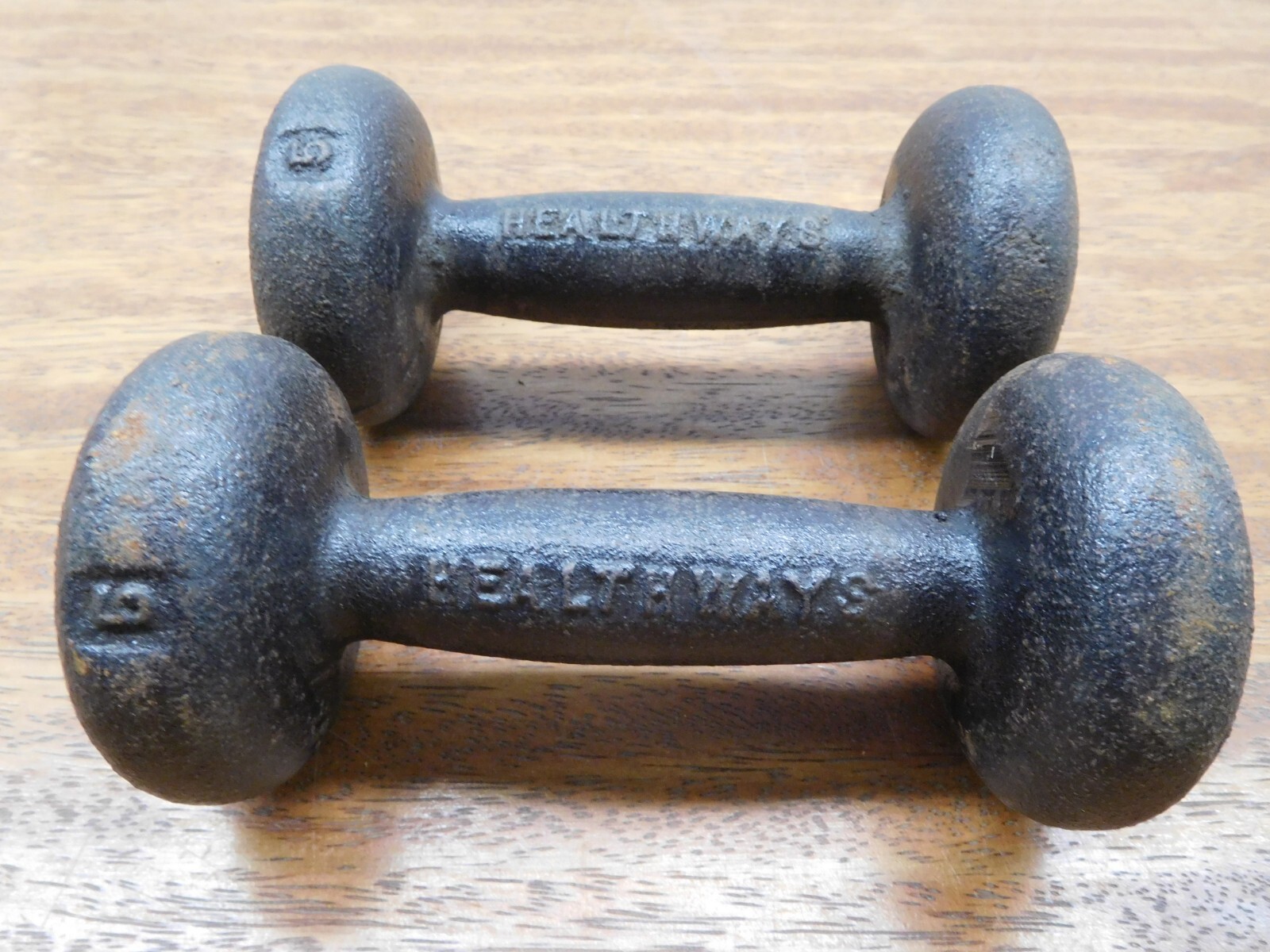 Awesome 2 Antique Cast Iron Healthways 5 Pound Barbells, Dumbells, Weights