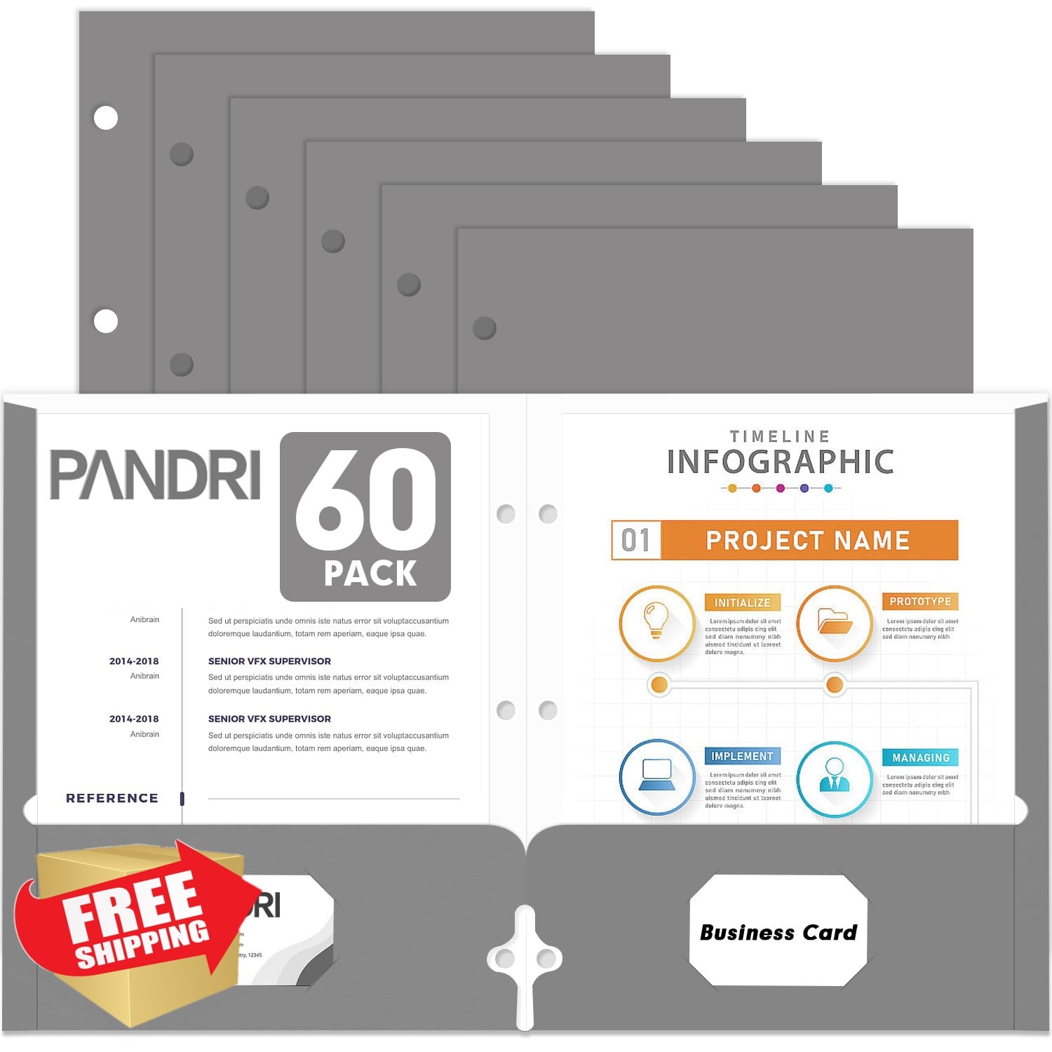 PANDRI Grey 60 Pack 2 Pocket Folders