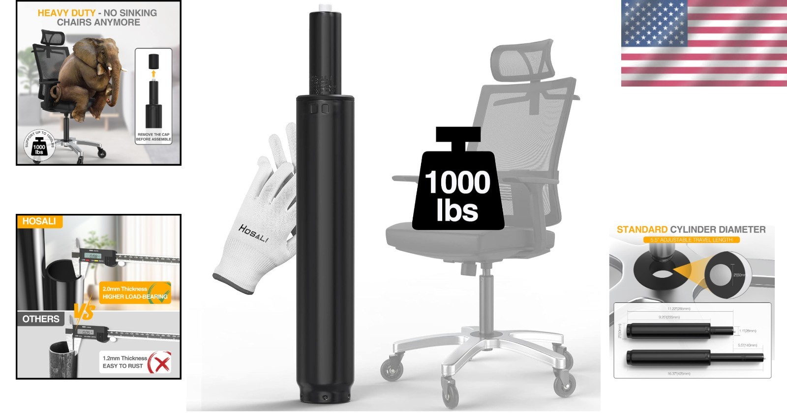 5.5-Inch Adjustable Office Chair Cylinder Replacement - Easy Install with Gloves