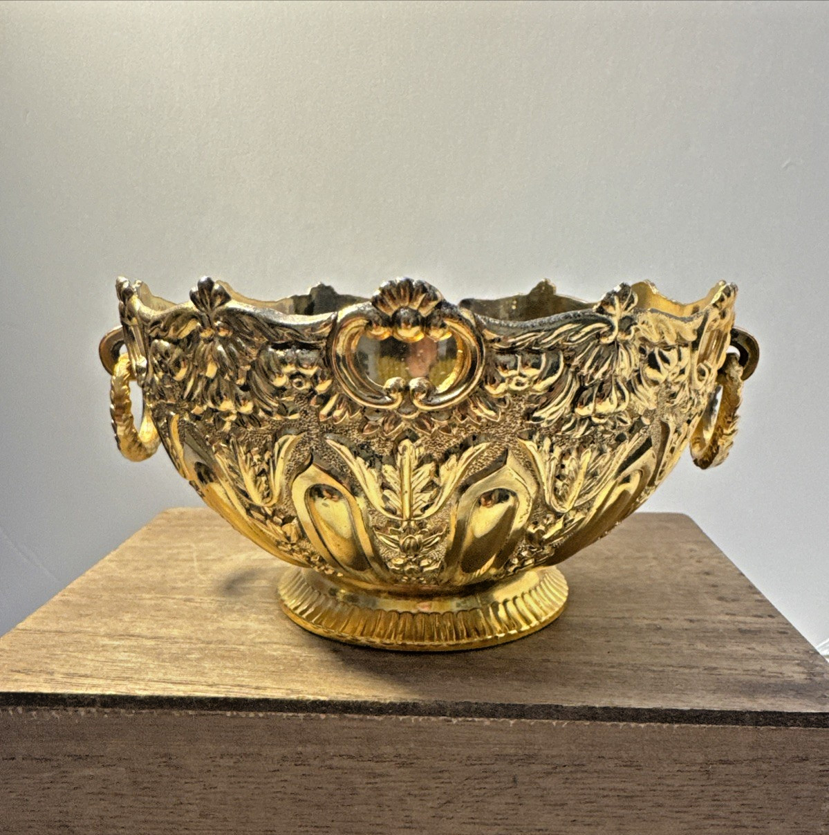 Vintage Ornate Gold Silverplate Bowl W/Ring Handles by Raimond Japan 5x3 in